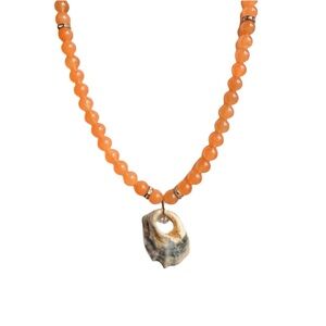 *NWT* Orange Agate Beaded Necklace with Oyster Shell Pendant & CZ Accents